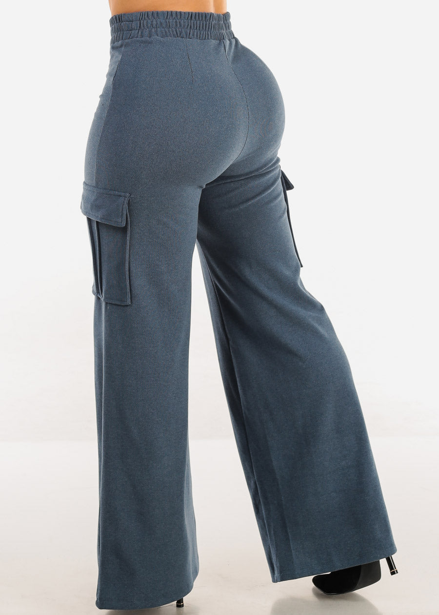 High Waist Flared Soft Cargo Pants Blue