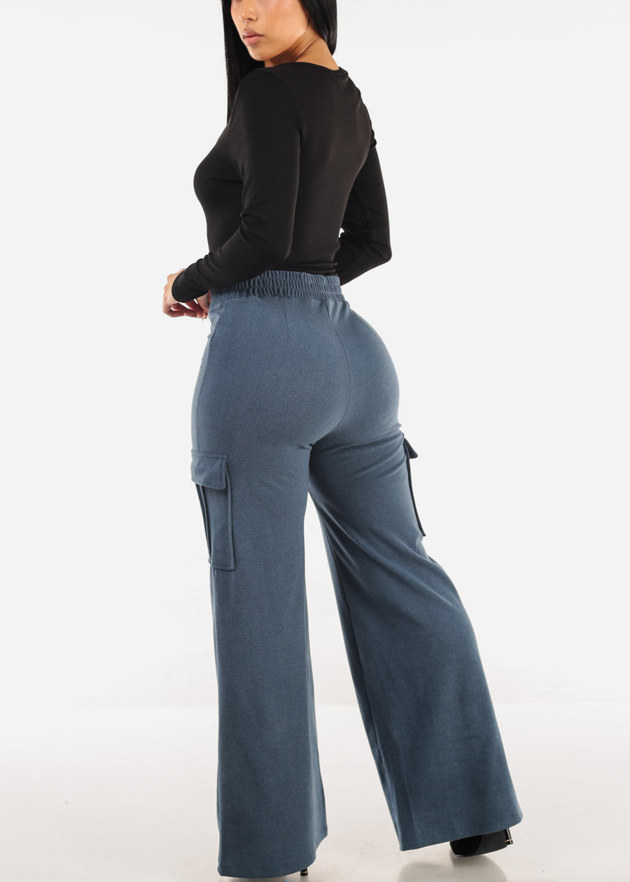 High Waist Flared Soft Cargo Pants Blue