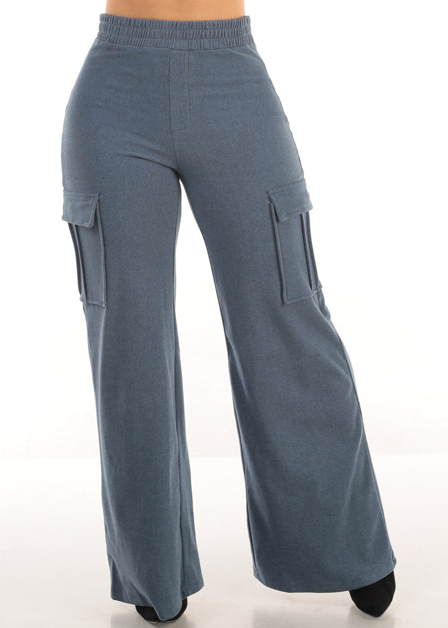 High Waist Flared Soft Cargo Pants Faded Blue