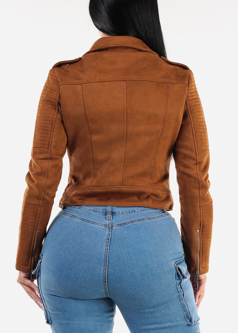 Long Sleeve Zip Up Suede Moto Jacket Camel