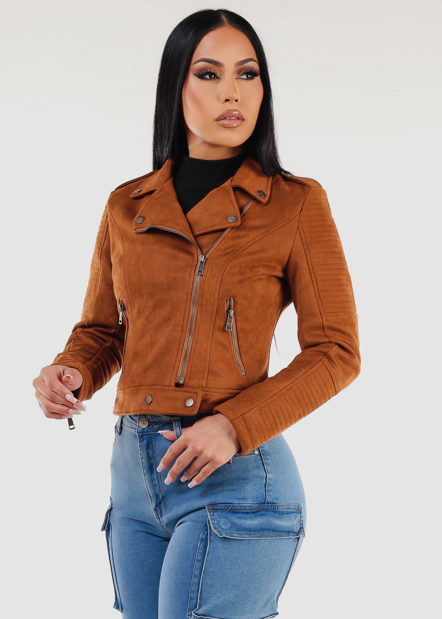 Long Sleeve Zip Up Suede Moto Jacket Camel