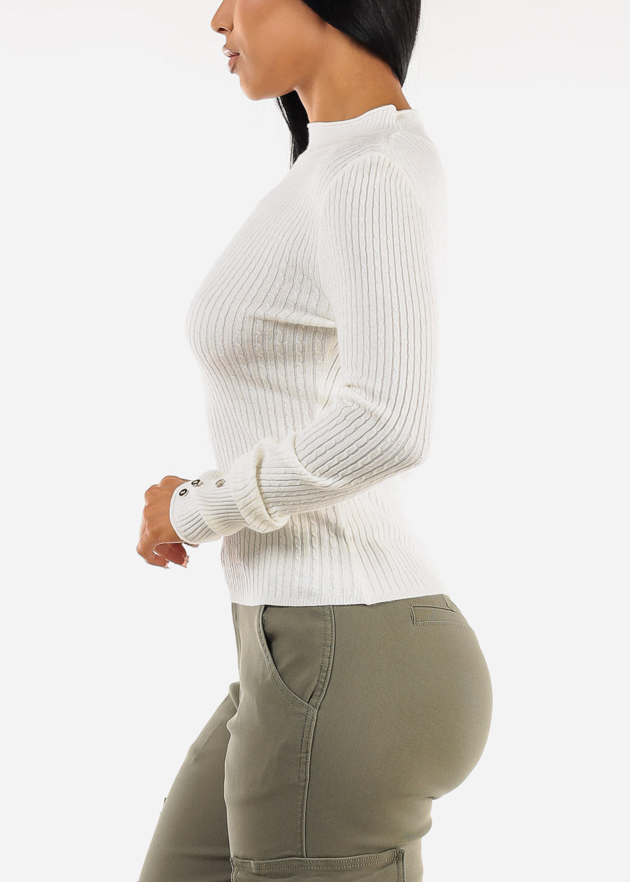 Fitted Long Sleeve Rib Knit Sweater White