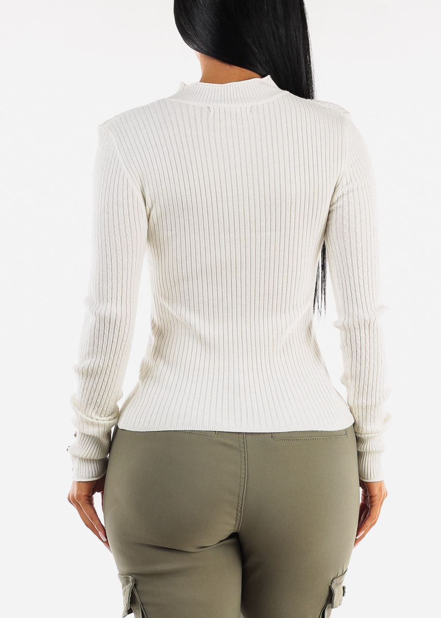 Fitted Long Sleeve Rib Knit Sweater White