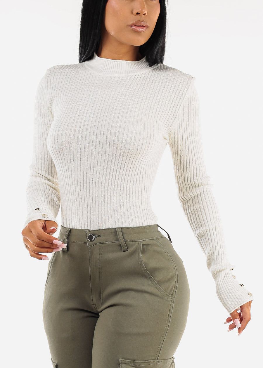 Fitted Long Sleeve Rib Knit Sweater White