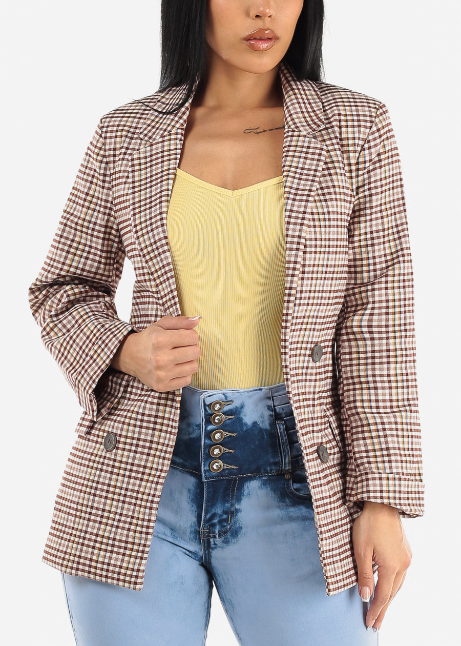 Long Sleeve Open Front Plaid Blazer Brown