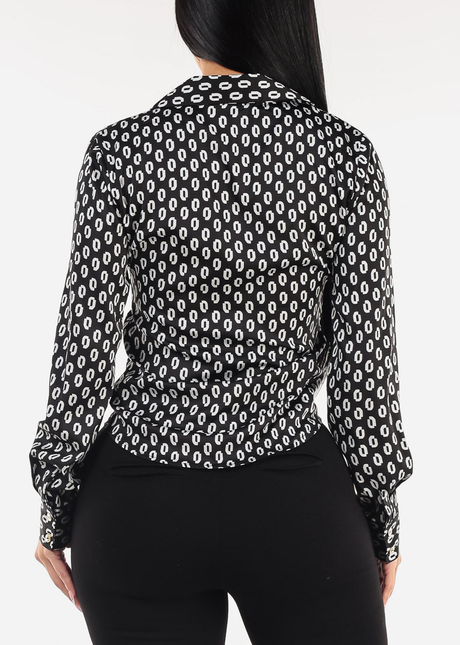 Button Down Ruched Printed Blouse Black