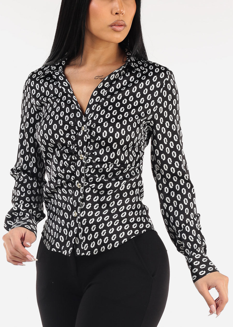 Button Down Ruched Printed Blouse Black