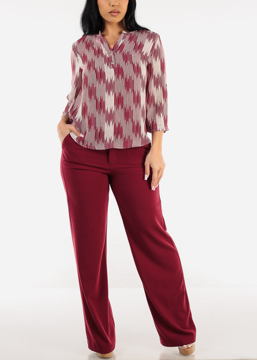 Quarter Sleeve Lightweight Printed Blouse Burgundy