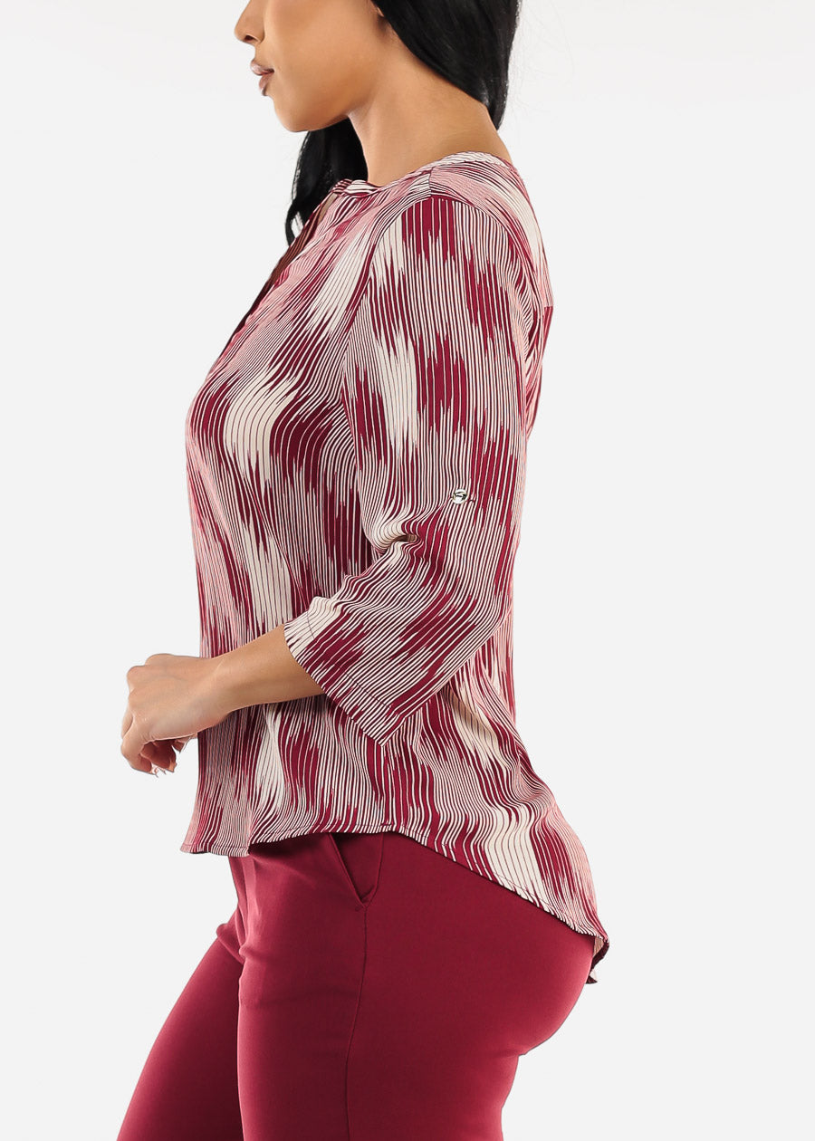 Quarter Sleeve Lightweight Printed Blouse Burgundy