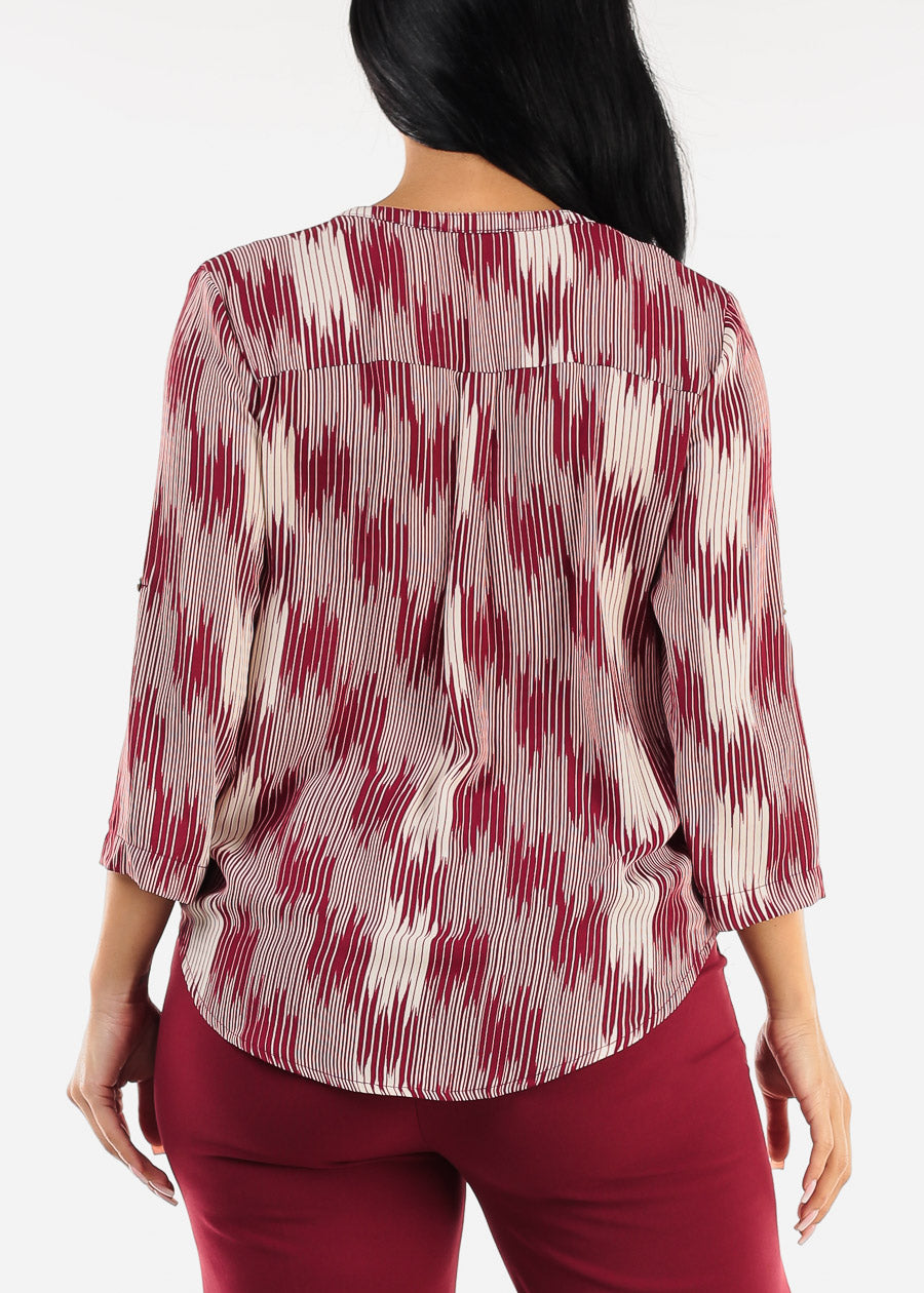 Quarter Sleeve Lightweight Printed Blouse Burgundy