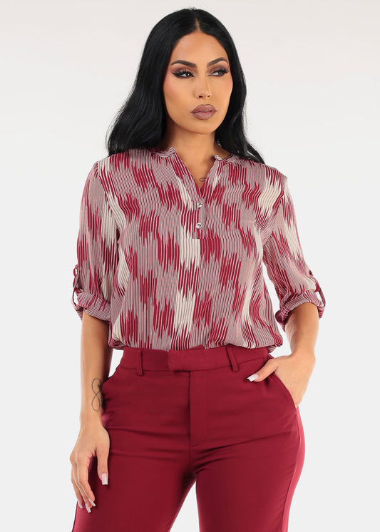 Quarter Sleeve Lightweight Printed Blouse Burgundy