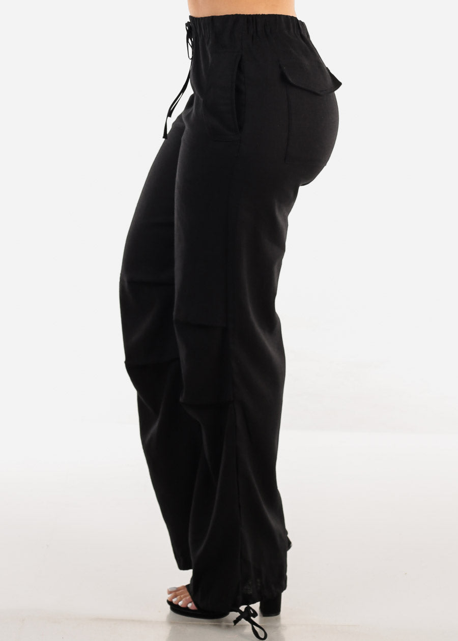 Black Linen High Waisted Knee Pleats Jogger Pants