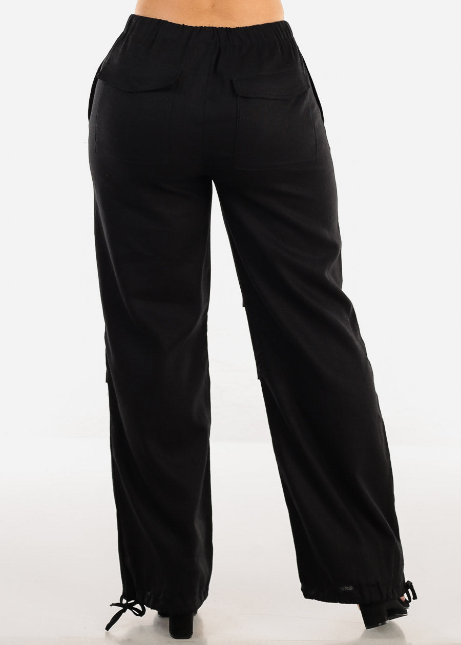 Black Linen High Waisted Knee Pleats Jogger Pants