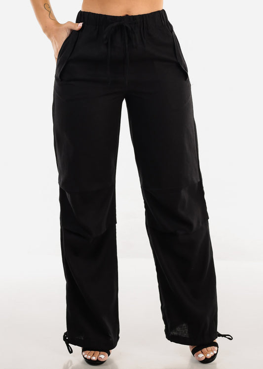 Black Linen High Waisted Knee Pleats Jogger Pants