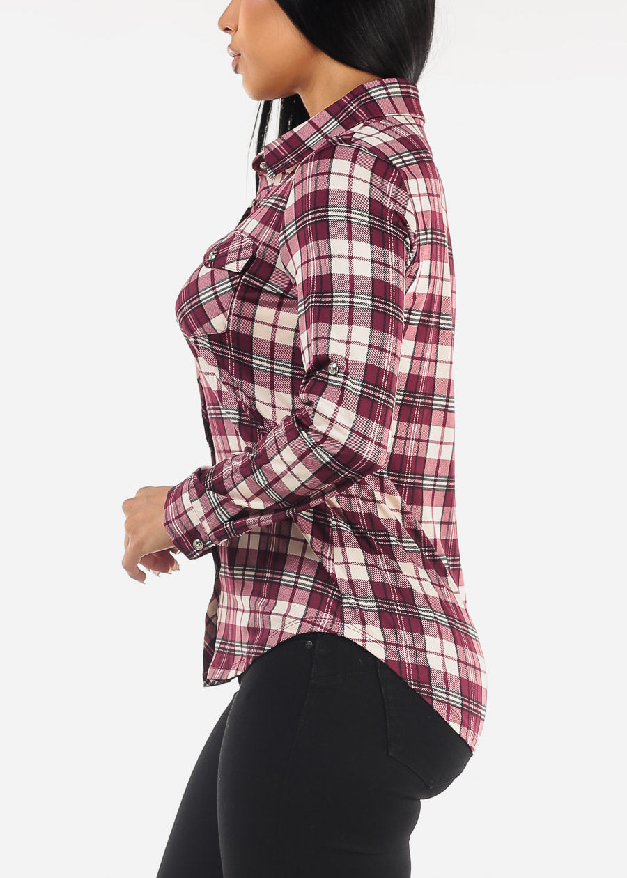 Long Sleeve Button Up Plaid Shirt Burgundy