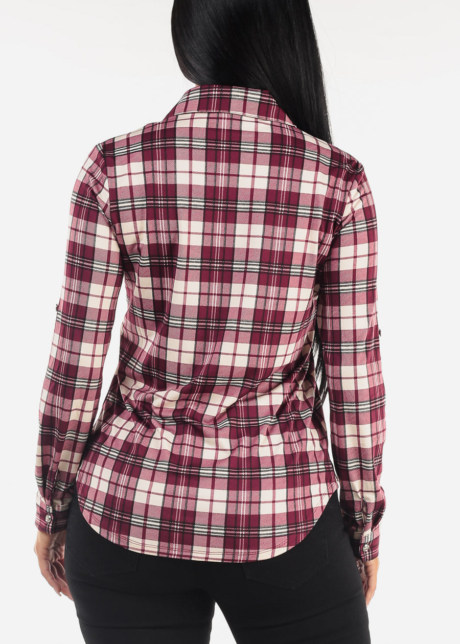 Long Sleeve Button Up Plaid Shirt Burgundy