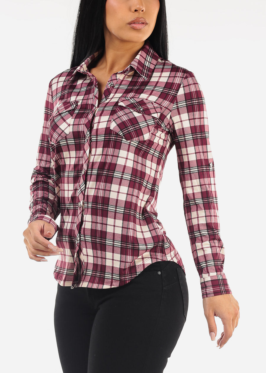 Long Sleeve Button Up Plaid Shirt Burgundy