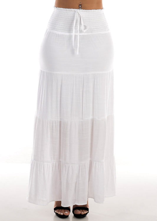 High Rise Spandex Waist White Tiered Maxi Skirt