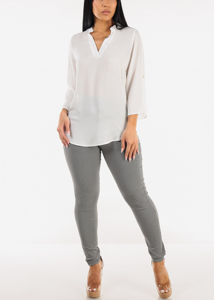 White Quarter Sleeve V-Neck Blouse