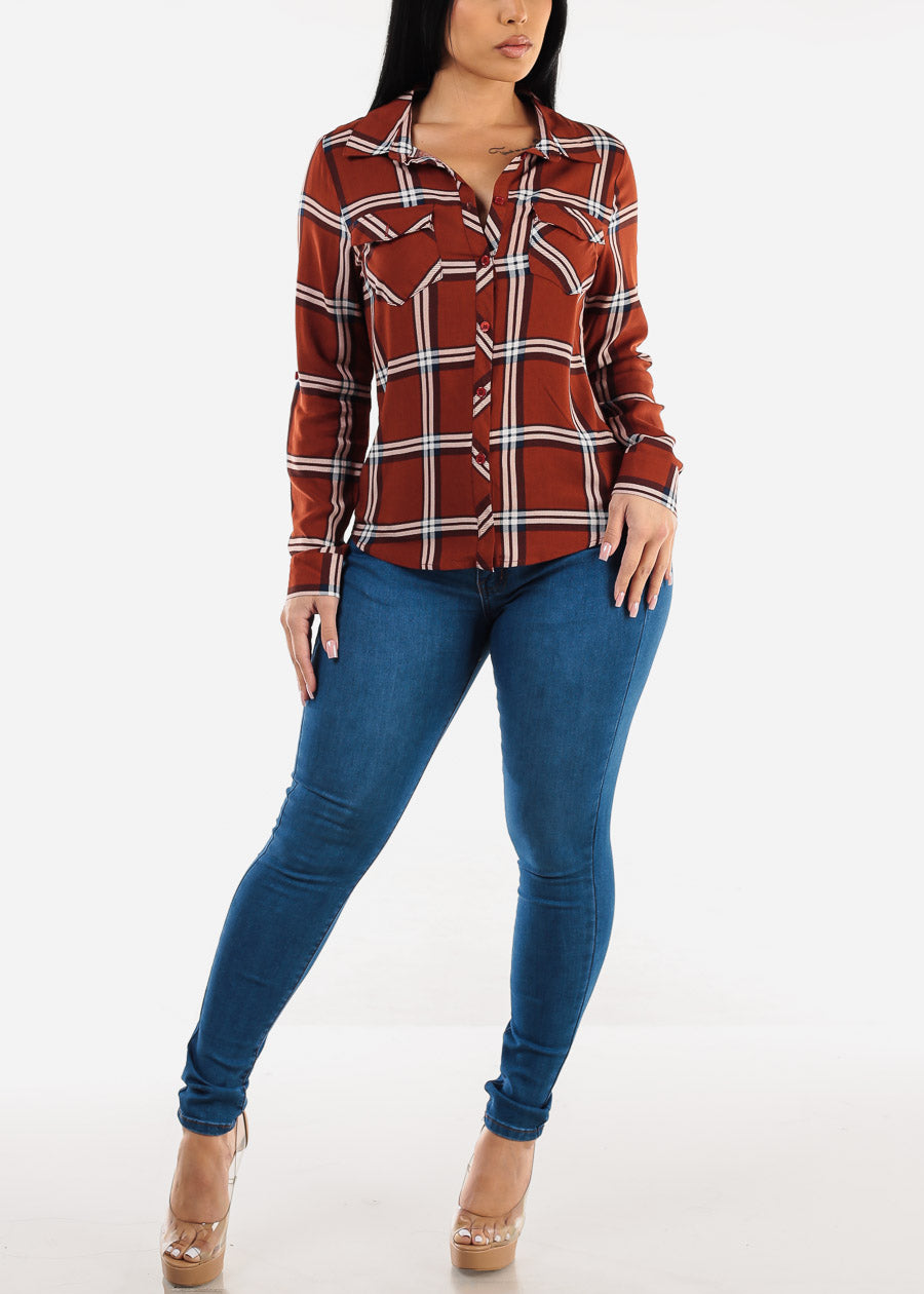 Long Sleeve Button Down Plaid Blouse Rust