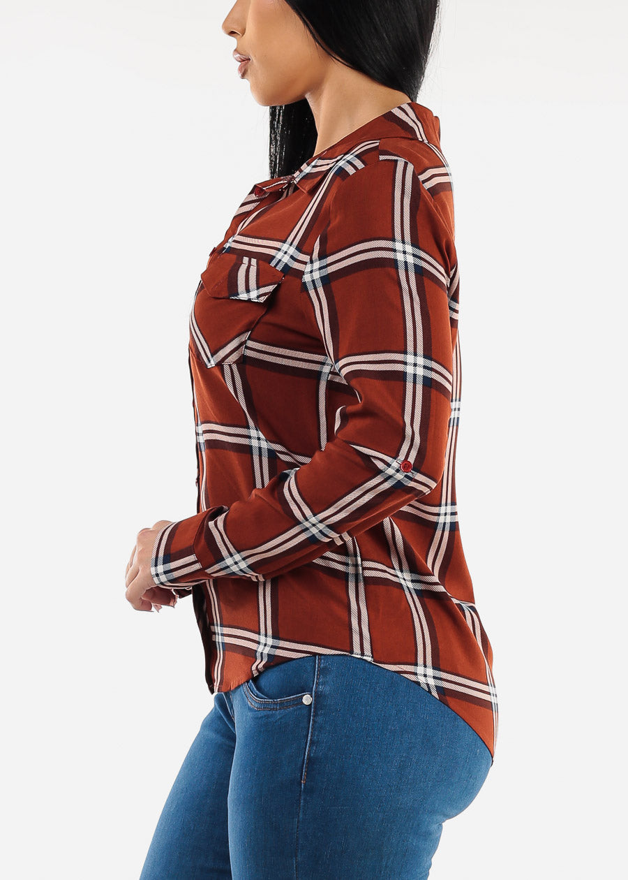 Long Sleeve Button Down Plaid Blouse Rust