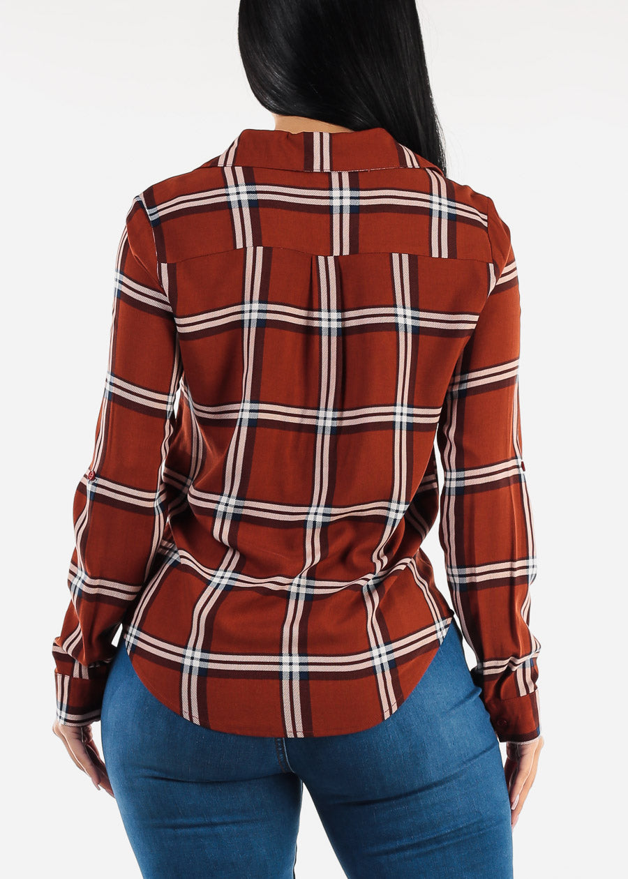 Long Sleeve Button Down Plaid Blouse Rust