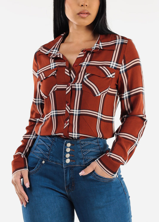 Long Sleeve Button Down Plaid Blouse Rust