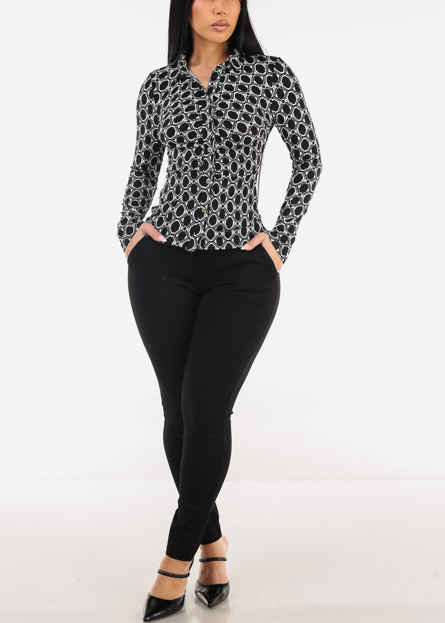 Ruched Button Down Printed Blouse Black