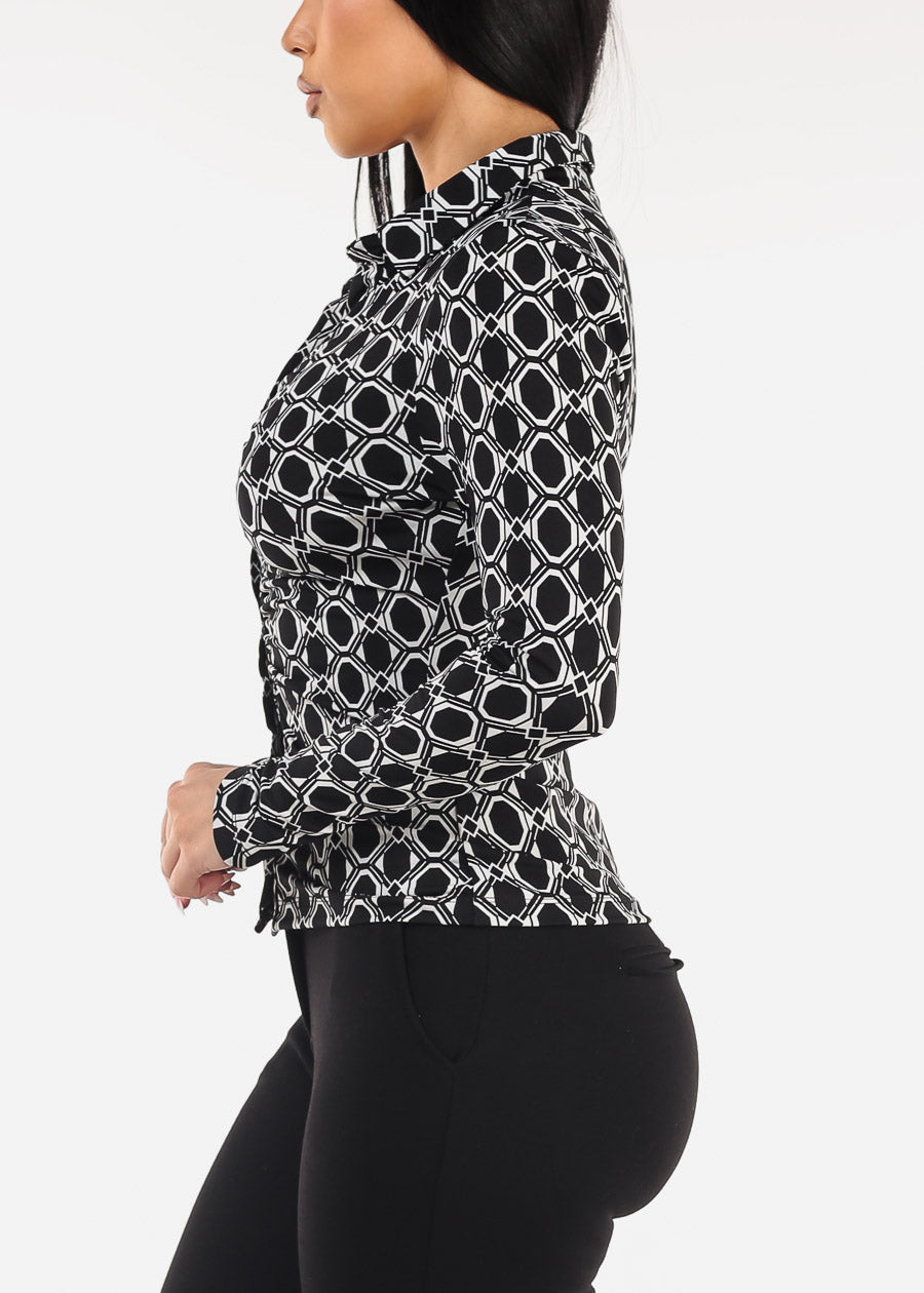 Ruched Button Down Printed Blouse Black