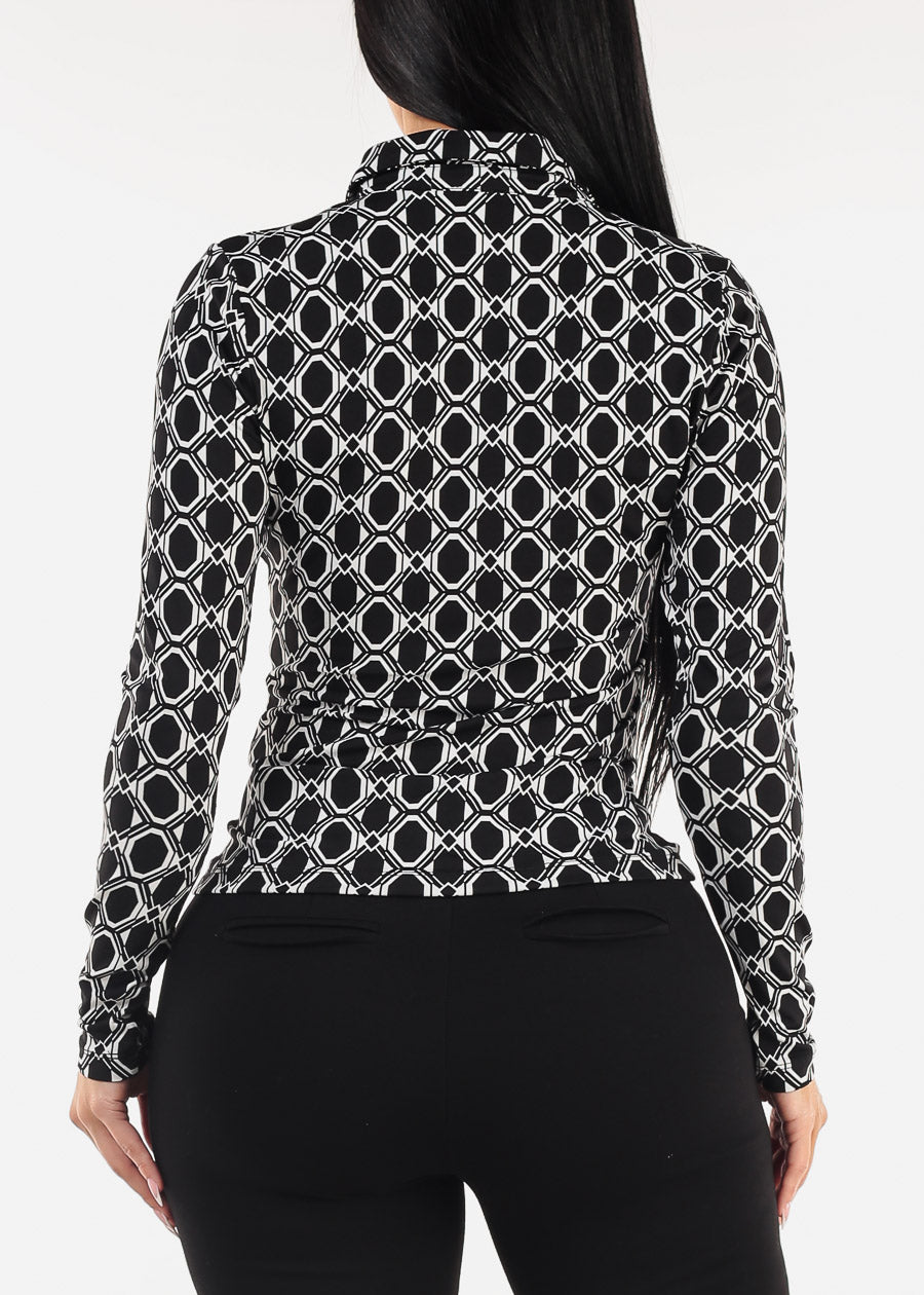 Ruched Button Down Printed Blouse Black