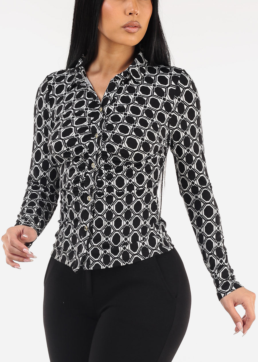 Ruched Button Down Printed Blouse Black