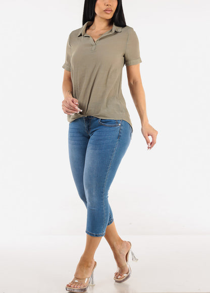 Casual Short Sleeve High Low Collared Top Light Olive