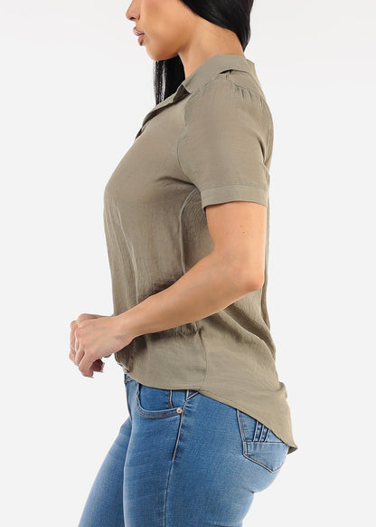 Casual Short Sleeve High Low Collared Top Light Olive