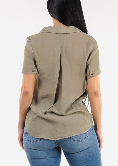 Casual Short Sleeve High Low Collared Top Light Olive