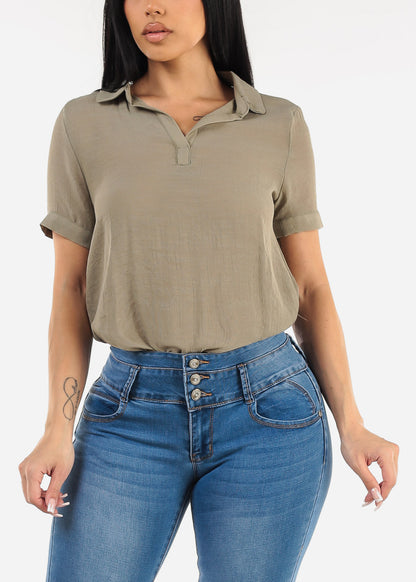 Casual Short Sleeve High Low Collared Top Light Olive