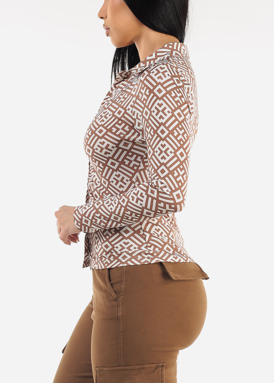 Long Sleeve Ruched Button Up Printed Blouse Mocha