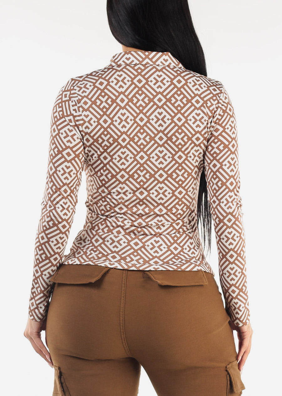 Long Sleeve Ruched Button Up Printed Blouse Mocha