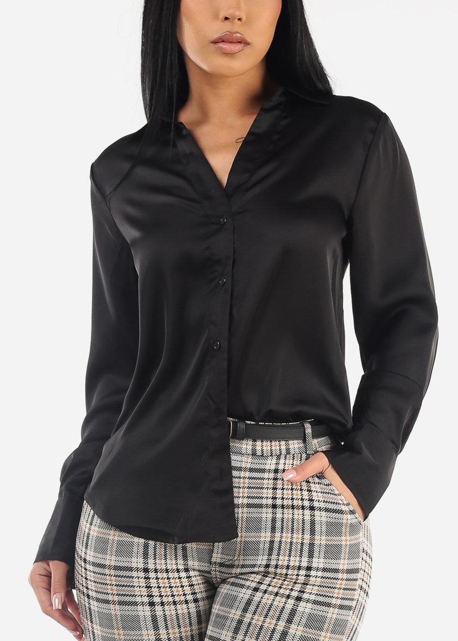 Black Long Sleeve Button Down Satin Blouse