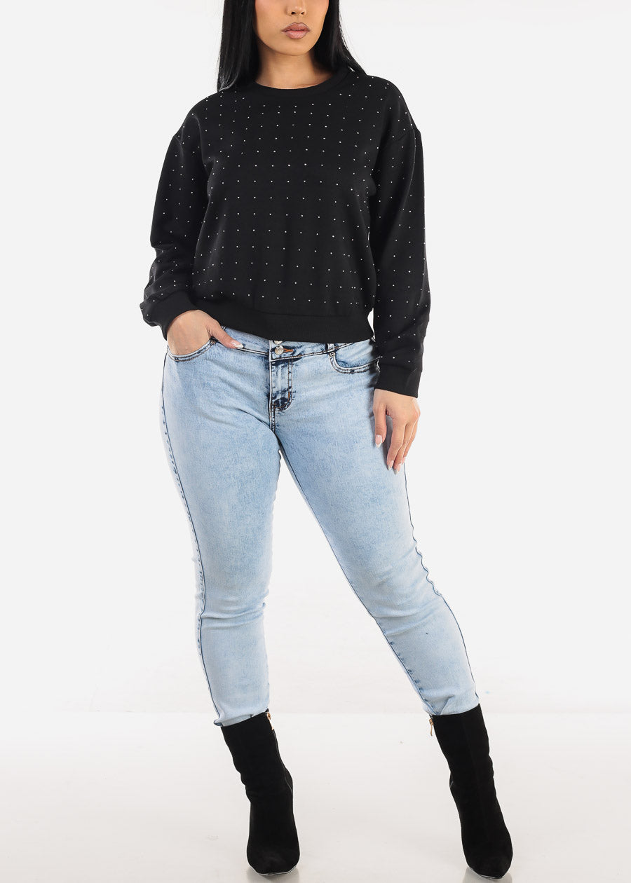 Black Long Sleeve Crewneck Rhinestone Sweatshirt