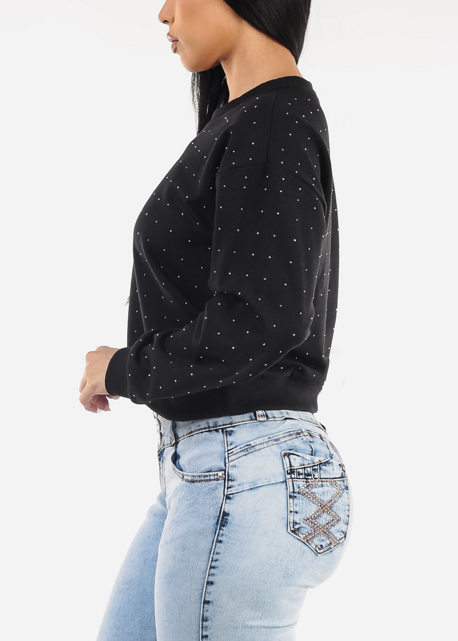 Black Long Sleeve Crewneck Rhinestone Sweatshirt