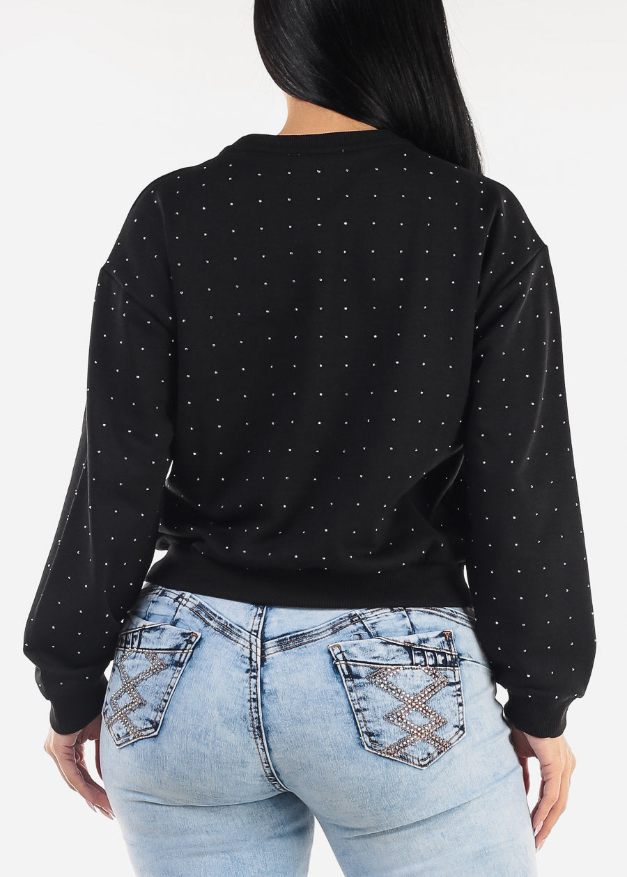 Black Long Sleeve Crewneck Rhinestone Sweatshirt