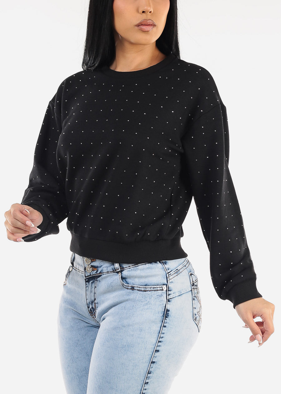 Black Long Sleeve Crewneck Rhinestone Sweatshirt