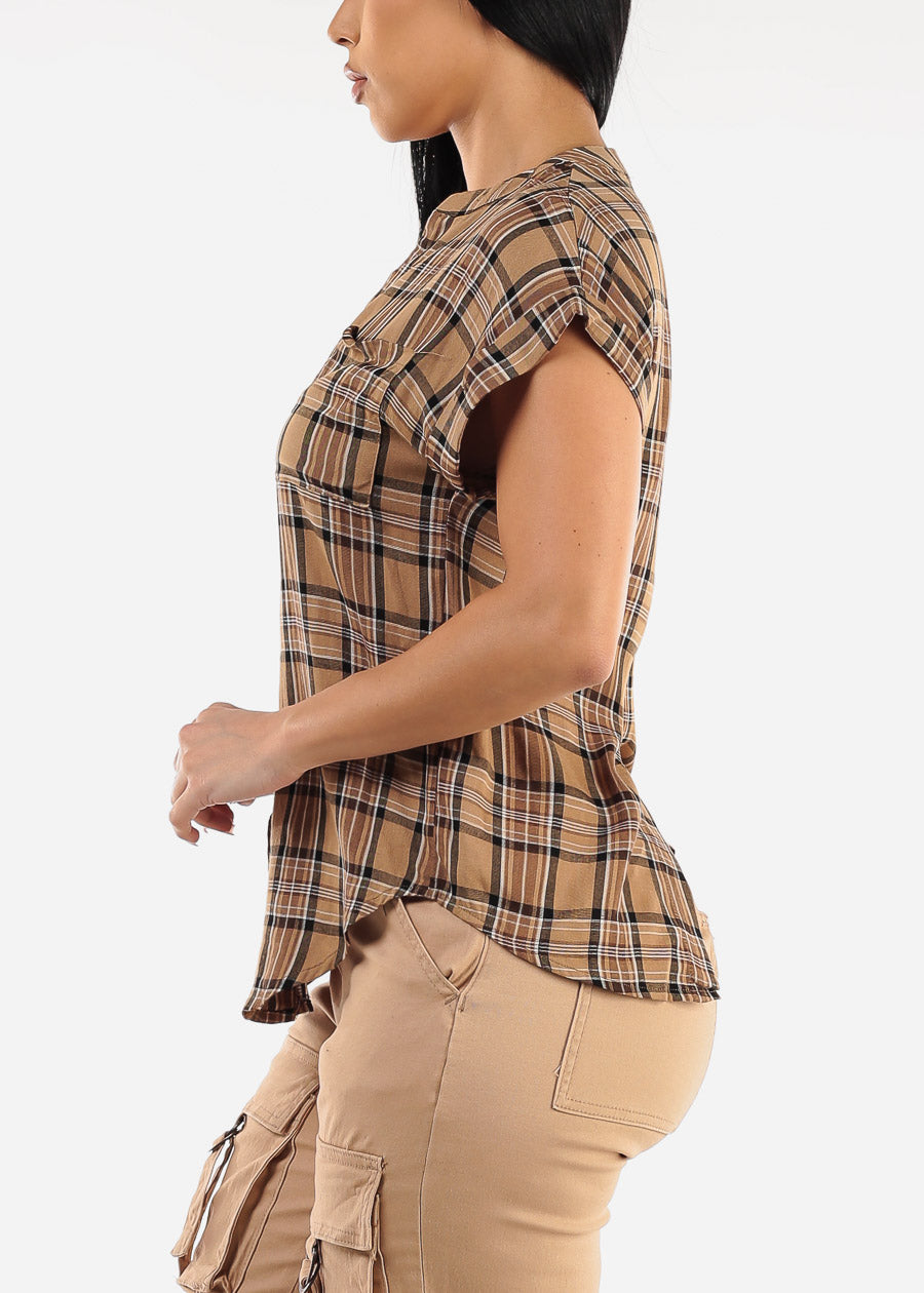 Short Sleeve Button Up Plaid Shirt Light Brown