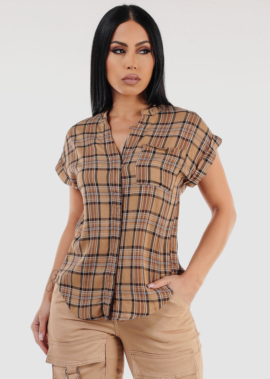 Short Sleeve Button Up Plaid Shirt Light Brown