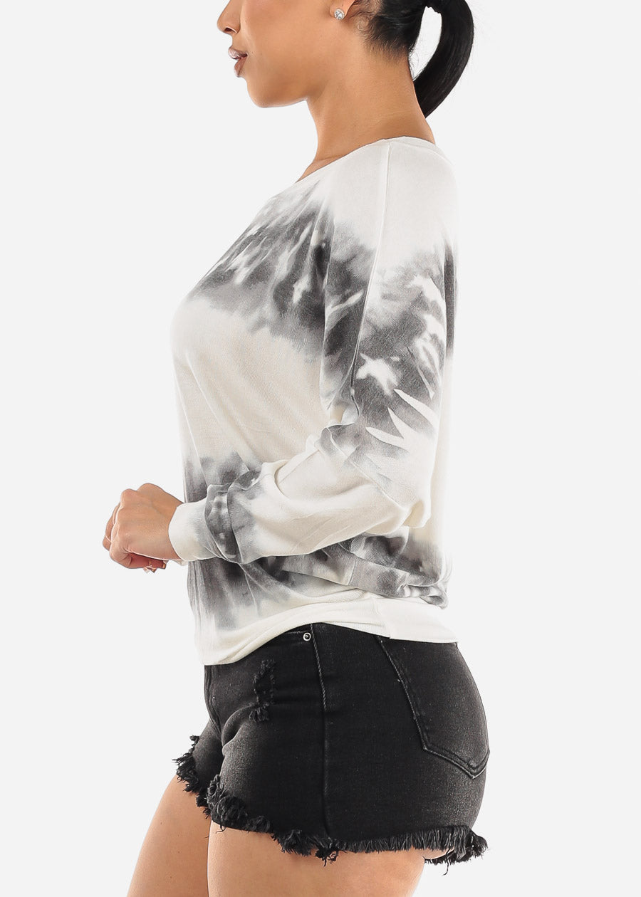 Long Sleeve Dolman Tie Dye Tunic Top White