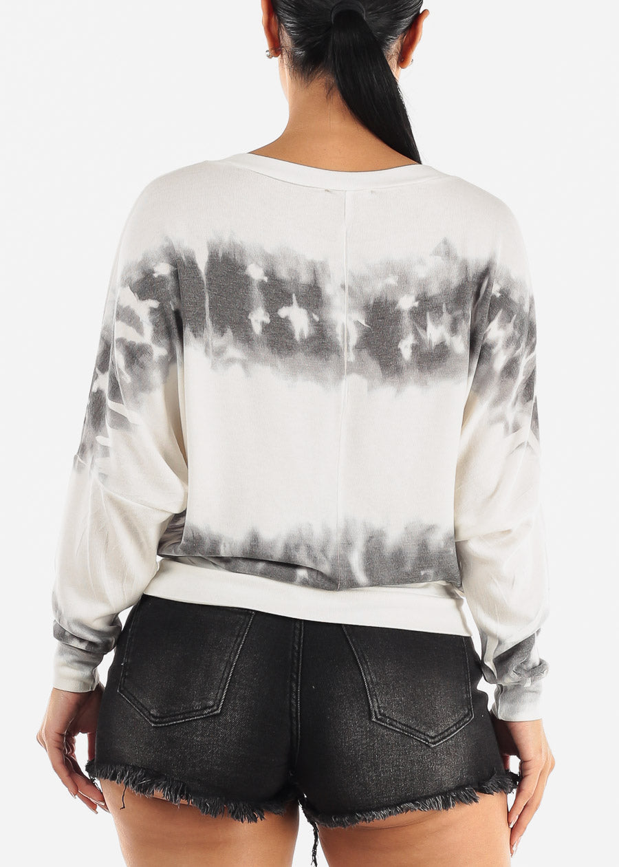 Long Sleeve Dolman Tie Dye Tunic Top White