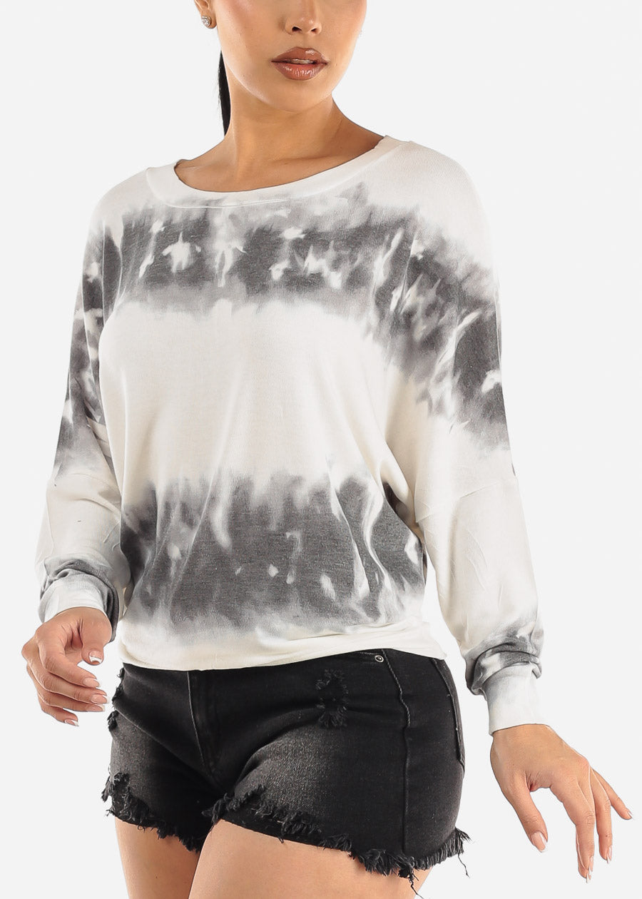 Long Sleeve Dolman Tie Dye Tunic Top White