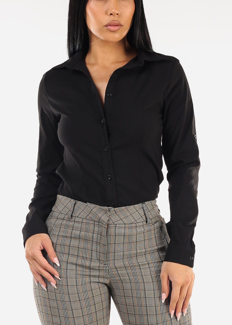 Long Sleeve Button Up Black Fitted Blouse