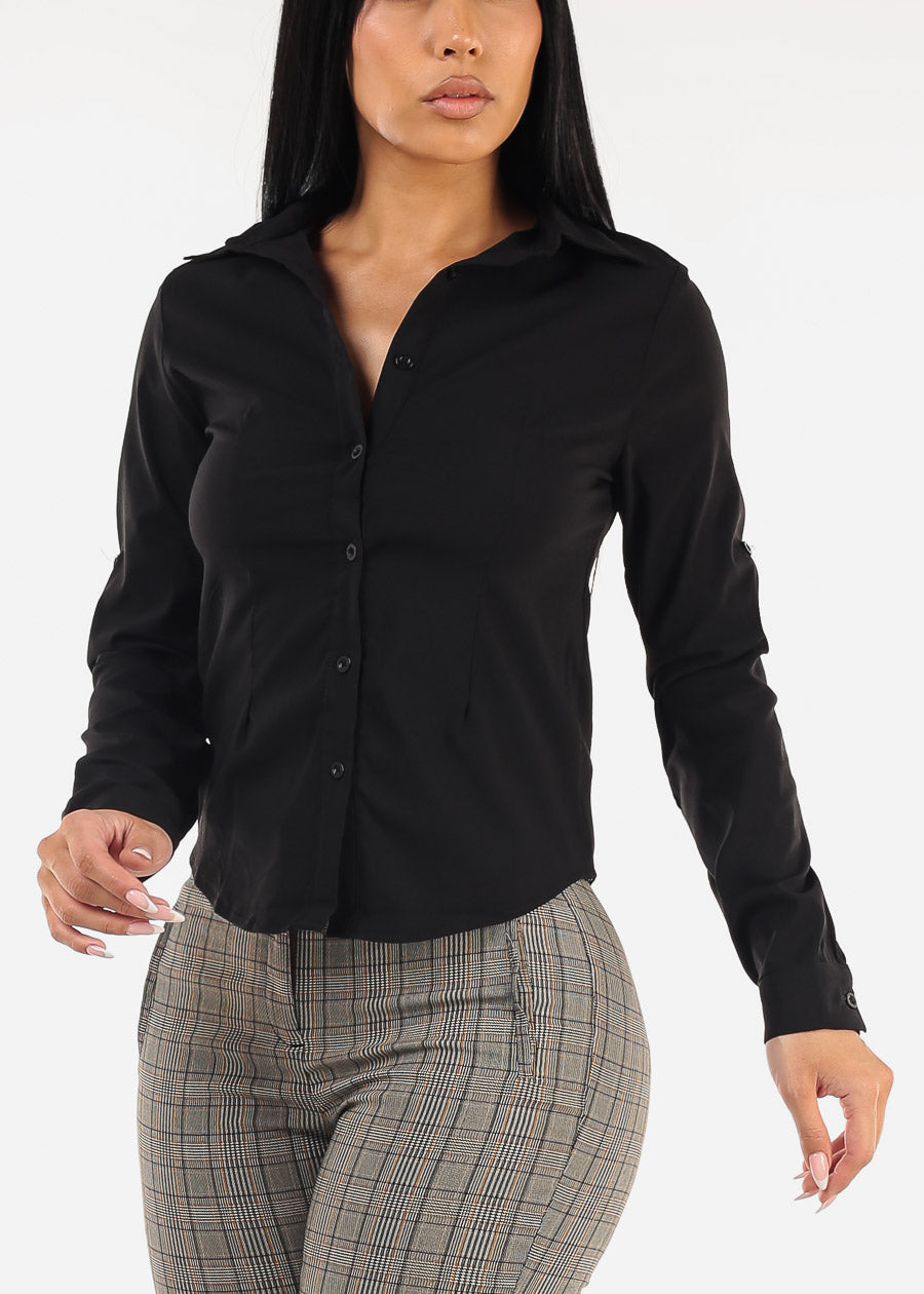 Long Sleeve Button Up Black Fitted Blouse