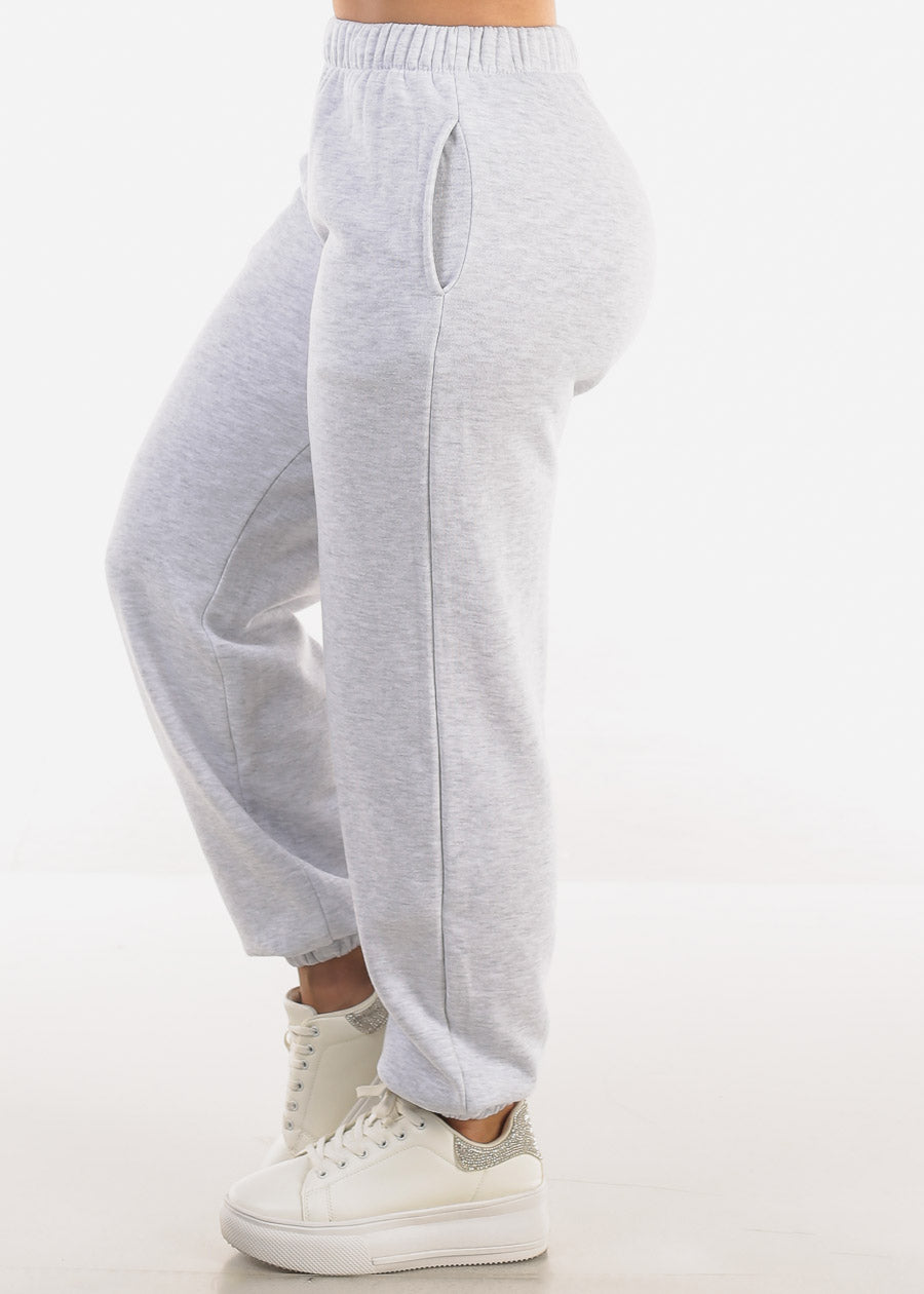 High Waisted Fleece Jogger Pants Light Grey